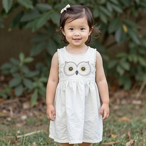 Photograph of a smiling Asian toddler girl with black hair, wearing a white dress with owl embroidery, standing on grass in front of green foliage.