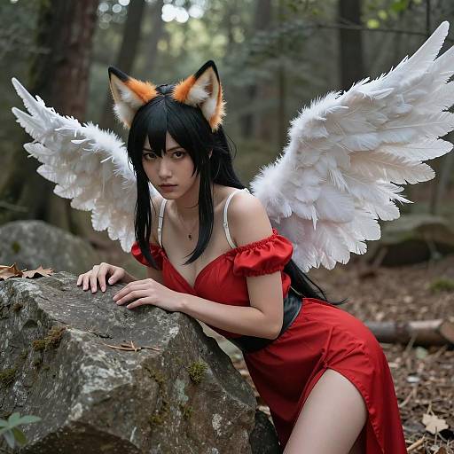 Cosplay Woman with Fox Ears and Wings