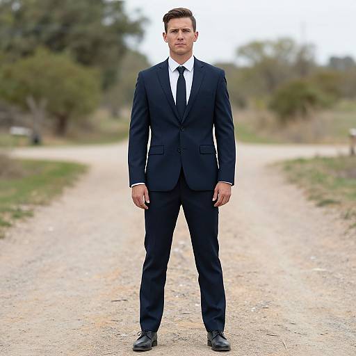 Photograph of a tall, handsome man in a navy suit, white shirt, and black tie standing confidently on a gravel path. Background features blurred green