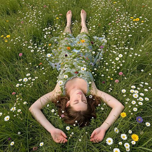 Photograph: Young woman with fair skin and brown hair, wearing a floral dress, lying on green grass, surrounded by white daisies and yellow
