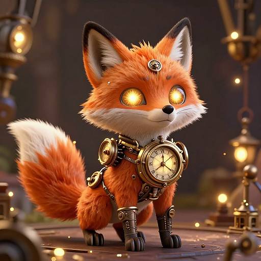 Digital artwork of a cute, glowing-eyed, clockwork fox with orange fur, mechanical legs, and clock hands on its chest, standing amidst warm,