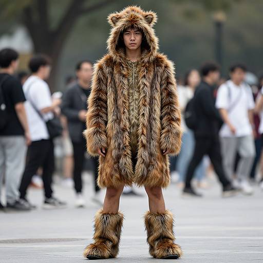 Photograph of an Asian woman in a full-length, brown and black furry bear costume with hood and boots, standing in a bustling urban street with blurred