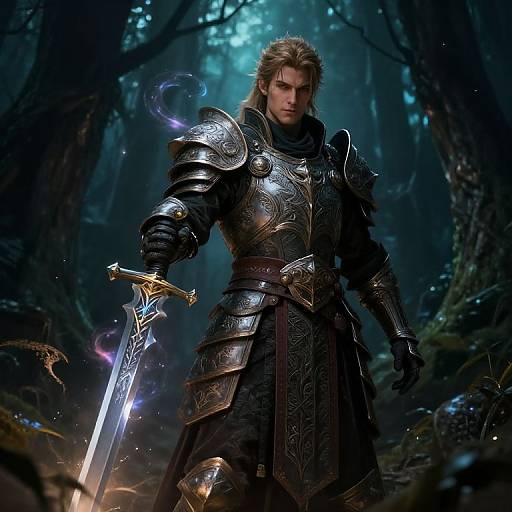 Digital fantasy artwork of a serious, armored man with blonde hair holding a glowing sword in a dark, misty forest.