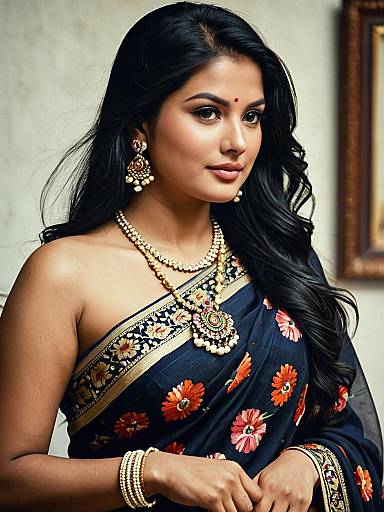 Indian Woman in Floral Saree with Jewelry
