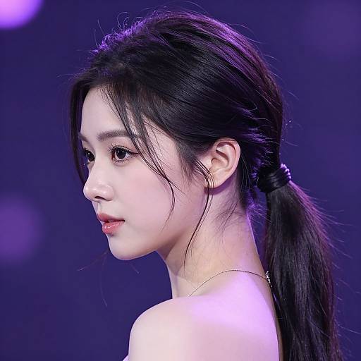 Photograph of a young Asian woman with fair skin, black hair in a low ponytail, and subtle makeup, gazing over her shoulder against a