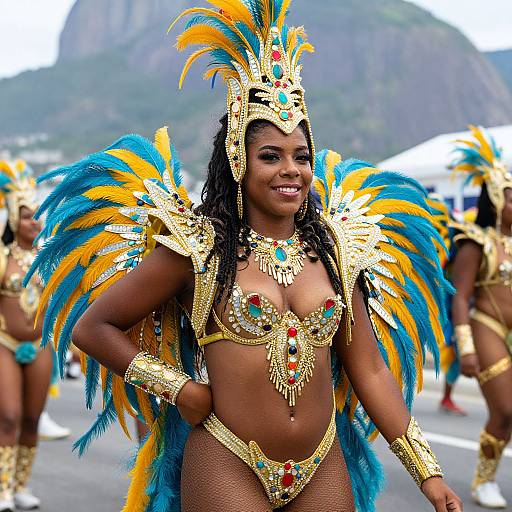 Photograph of a smiling Black woman in vibrant Carnival costume with gold armor, blue and yellow feathers, and intricate jewelry, set against a mountainous background