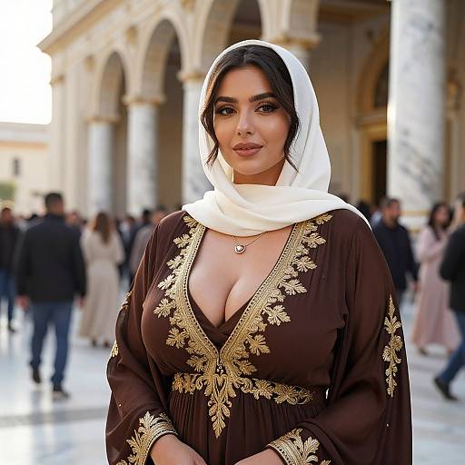 Photograph of a curvy woman with medium skin tone, dark hair, and large breasts, wearing a white hijab and brown embroidered dress, standing