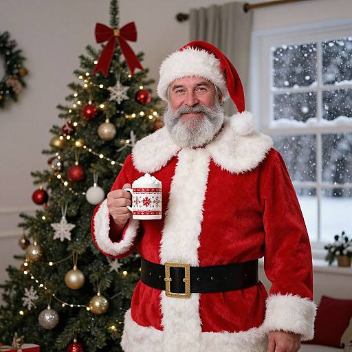 Photograph of a bearded, middle-aged Santa Claus in red velvet suit with white fur trim, holding a holiday mug, standing in front of a