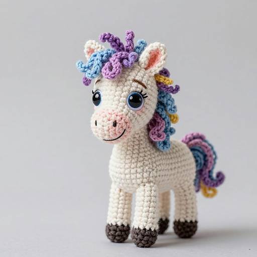Photograph of a crocheted white unicorn with multicolored purple, blue, and yellow mane and tail, large black eyes, smiling face,