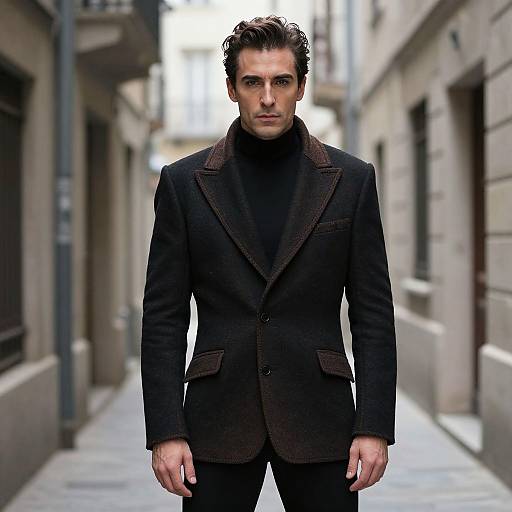 Photograph of a serious, Caucasian man with dark hair, wearing a black suit and turtleneck, standing in a narrow, urban alleyway.