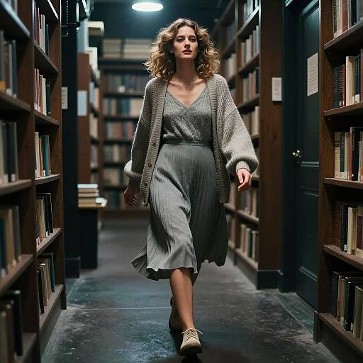 Photograph of a curly-haired woman in a gray dress and textured cardigan, walking confidently down a dimly lit library aisle.