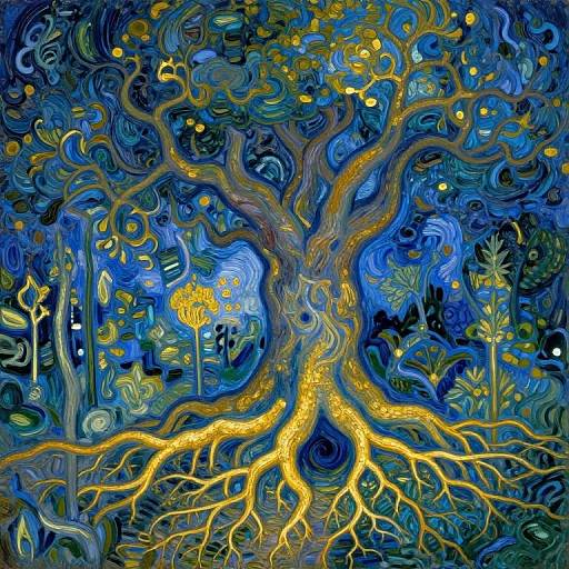 Vibrant, abstract digital painting of a glowing tree with winding roots, surrounded by swirling blue and green patterns, illuminated by yellow lights.