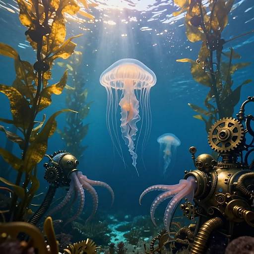 Photograph of a vibrant underwater scene with a glowing jellyfish, surrounded by golden seaweed, steampunk-style mechanical octopuses, and gears