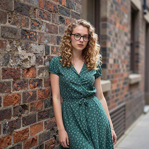 Young Woman in Vintage Green Dress by Brick Wall