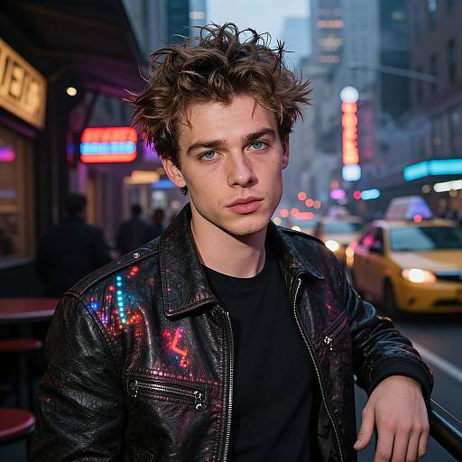 Photograph of a young, white man with spiked brown hair, wearing a black leather jacket with neon patterns, standing on a neon-lit city street