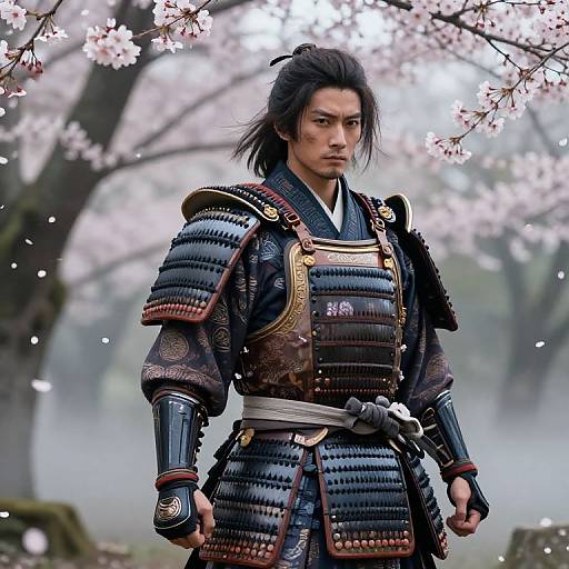 Digital artwork of a serious Asian samurai with black hair, wearing intricate, dark blue and gold armor, standing among cherry blossoms.