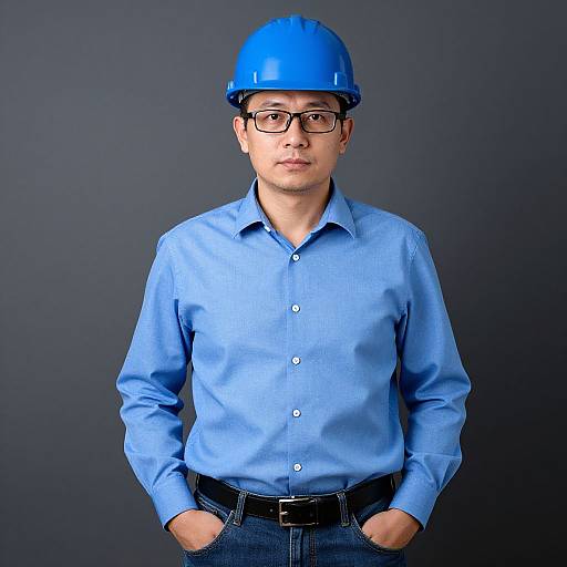 Man in Blue Shirt and Hard Hat