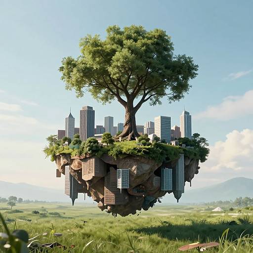 Photorealistic digital artwork of a floating cityscape beneath a large, green-leaved tree, with skyscrapers and buildings on rocky platforms. Bright