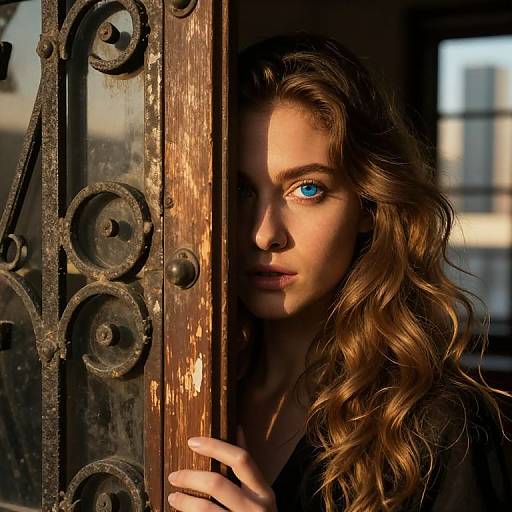 Enigmatic Portrait Behind Weathered Door