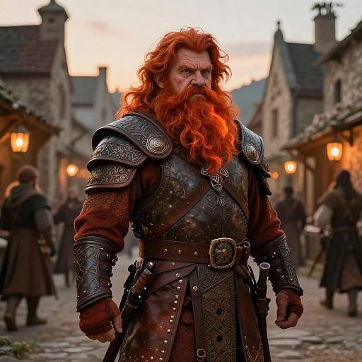 Photograph of a rugged, bearded man with long red hair, wearing ornate medieval armor, standing in a dimly lit, medieval village street