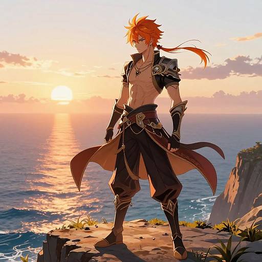 Digitally drawn anime-style image of a red-haired, shirtless male warrior with flowing hair, standing on a cliff at sunset, overlooking a glowing ocean