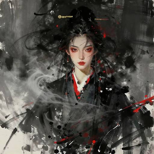 Digital painting of an ethereal, pale-skinned woman with red eyes, black hair, and red lips, wearing a black kimono, set against
