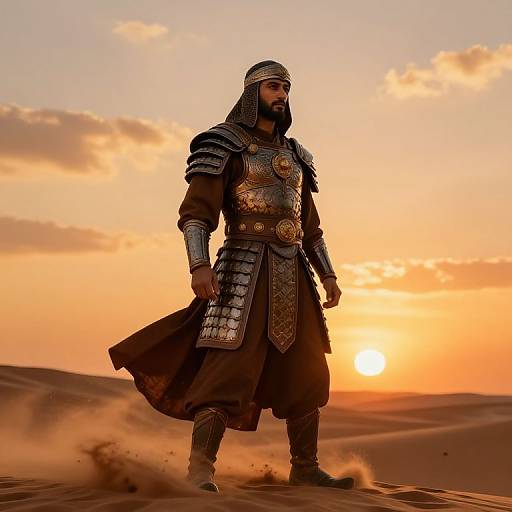 Photograph of a bearded man in ornate medieval armor standing in a desert at sunset, with golden-orange sky and sand swirling around his boots.
