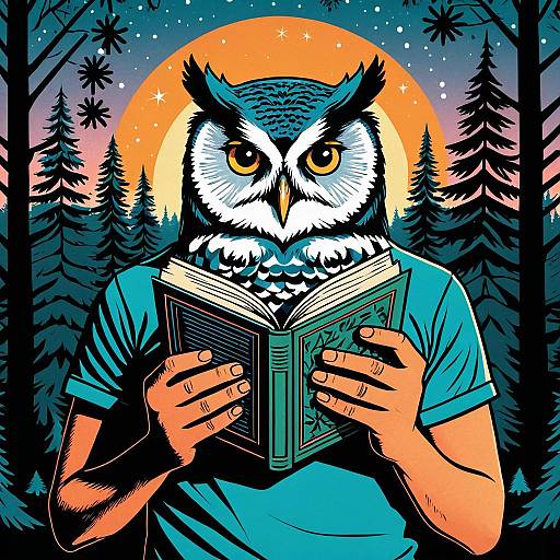Whimsical Owl Reading in Twilight Forest