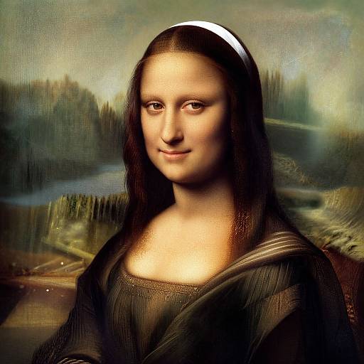 Digital artwork of Mona Lisa with modern features: fair skin, dark brown hair, white headband, subtle smile, Renaissance landscape background.