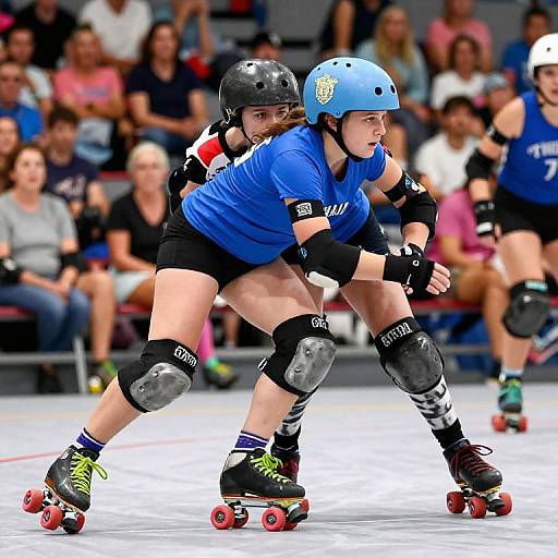 Photograph of two women roller derby players in blue and black uniforms, helmets, and knee pads, racing on a rink, with a blurred crowd