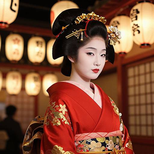 Photograph of a beautiful Japanese geisha in a vibrant red kimono with gold floral patterns, black hair in an elaborate updo, and red lips