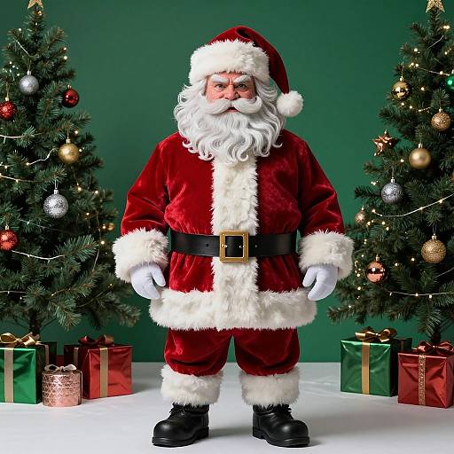 Photograph of a traditional Santa Claus in red velvet with white fur trim, black belt, and black boots, standing between two decorated Christmas trees with colorful