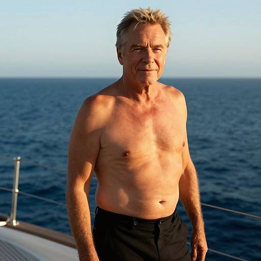 Photograph of an older, shirtless man with short, gray-blond hair, standing on a boat deck against a blue ocean horizon. He wears