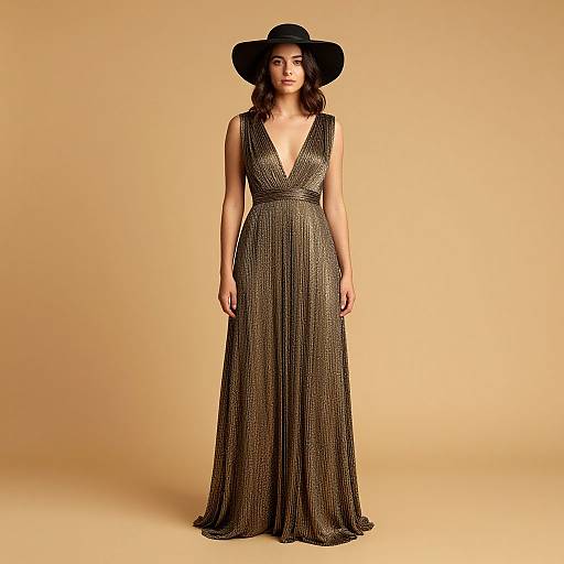 Photograph of a young woman with light brown skin wearing a deep V-neck, sleeveless, gold sequin gown and a wide-brimmed black