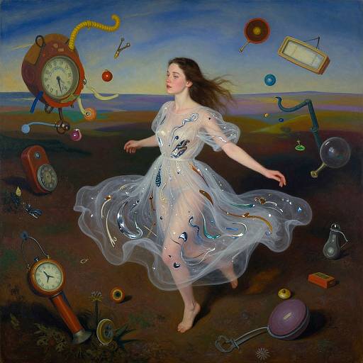 Magical painting of a fair-skinned woman in a transparent, flowing dress, surrounded by floating clocks, toys, and objects in a twilight sky.