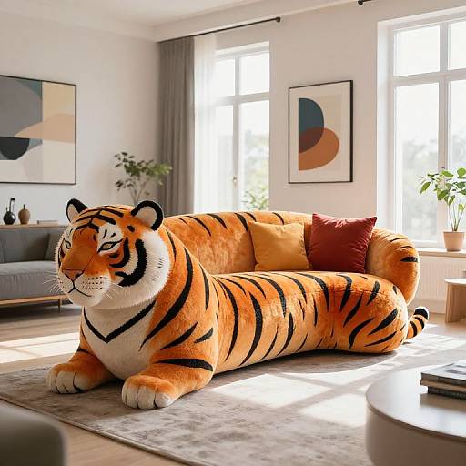 Photograph of a realistic, life-sized, orange and black tiger plushie lounging on a modern living room rug with sunlight streaming in.