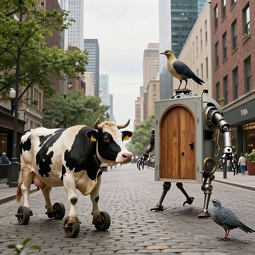 Photograph of a surreal city street scene featuring a black-and-white cow walking beside a robotic, wooden-door mailbox with a pigeon on top, another pigeon