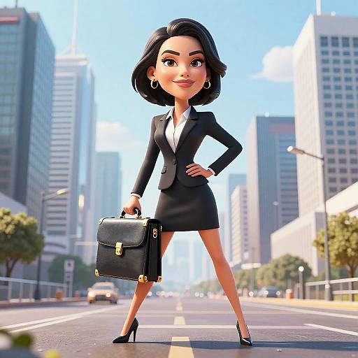 CGI cartoon woman in black business suit, holding briefcase, standing confidently in city street, tall buildings in background, blue sky.