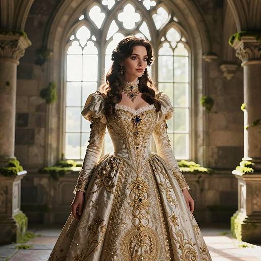 Photograph of a dark-haired woman in an elaborate, gold-embroidered, Renaissance-style gown, standing in a sunlit, gothic cathedral