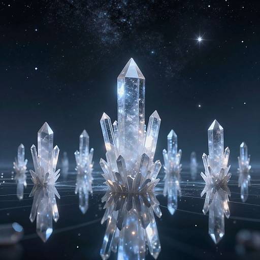 Photorealistic CGI of glowing, crystalline structures in a starry, cosmic background. Transparent crystals with sharp, reflective facets illuminate a reflective, grid