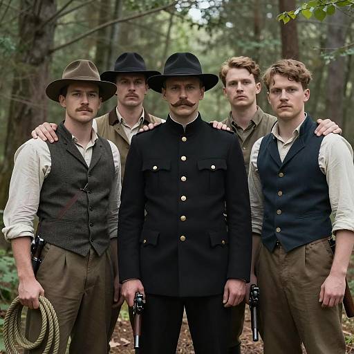 Group of Men in Period Clothing in Forest