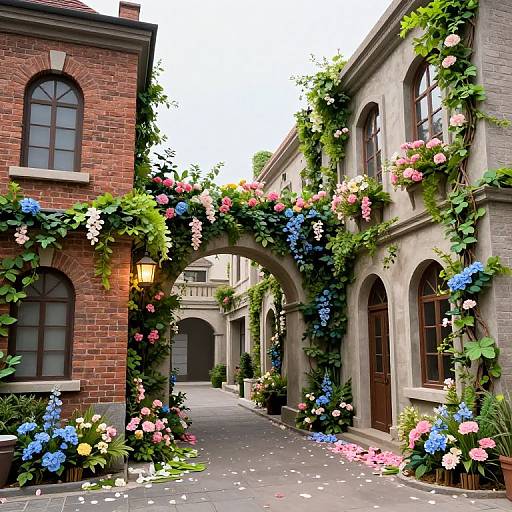 Photograph of a charming, narrow alleyway with archway covered in vibrant flowers, climbing plants, and brick and stone buildings.