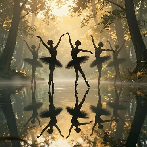 Silhouetted ballerinas in tutus dancing in a misty forest, reflections in calm water, golden sunlight filtering through trees, serene and