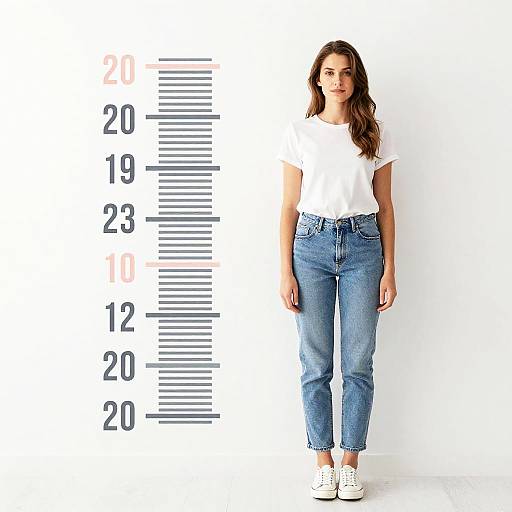 Photograph of a young woman with long brown hair, wearing a white t-shirt, high-waisted blue jeans, and white sneakers, standing against