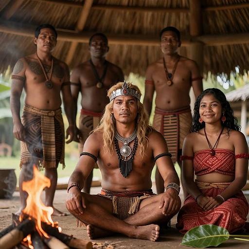 Tribal Fire Gathering Under Thatched Roof