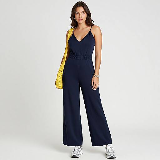 Photograph of a confident woman with wavy brown hair, wearing a navy blue jumpsuit, yellow polka-dot shoulder bag, and white sneakers,