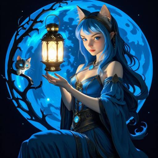 Blue-Haired Cat-Girl with Lantern in Dark Fantasy
