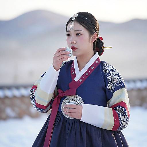 Elegant Korean Woman in Winter Hanbok