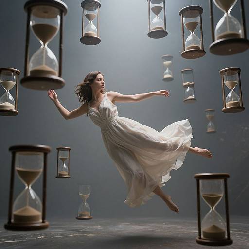 Ethereal Woman Among Floating Hourglasses