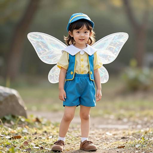 Photograph of a smiling Asian toddler girl with fairy wings, wearing yellow shirt, blue shorts, brown shoes, and blue cap, standing on a sun